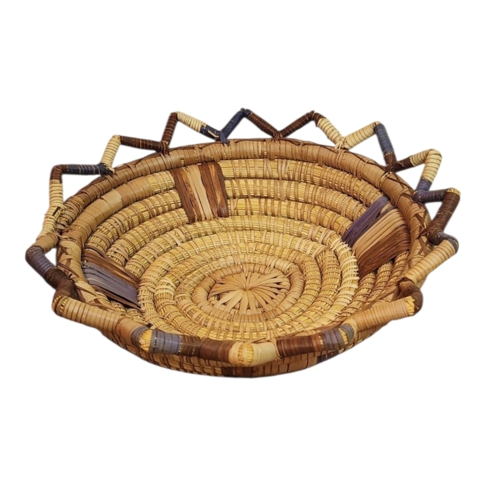 Vintage Native American Hopi Style Coiled Basket Multicolor Triangle Top Accents
